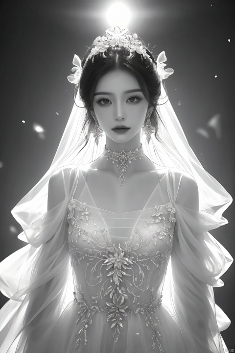  masterpiece, best quality, ice, A girl, silk, cocoon, spider web, Solo, Complex Details, Color Differences, Realistic, (Moderate Breath), Earrings, Sharp Eyes, Perfect Fit, Choker, Dim Lights, cocoon, transparent, jiBeauty, Ink scattering_Chinese style, hydress-hair ornaments,yjmonochrome, liuguang, Simple background, transparent clothes,