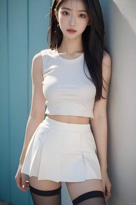  masterpiece, best quality, real, photo, girl, solo, black hair, aqua eyes, long hair, medium breasts,Simple and elegant clothes,Simple clothes,Sleeveless,Tights,White T-shirt,Vest, (black hip skirt:1.2),