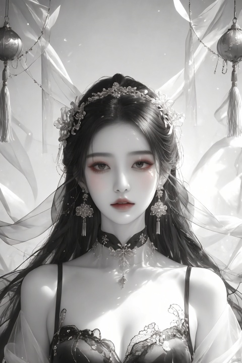  masterpiece, best quality, ice, A girl, silk, cocoon, spider web, Solo, Complex Details, Color Differences, Realistic, (Moderate Breath), Earrings, Sharp Eyes, Perfect Fit, Choker, Dim Lights, cocoon, transparent, jiBeauty, Ink scattering_Chinese style, hydress-hair ornaments,yjmonochrome, liuguang, Simple background, transparent clothes,