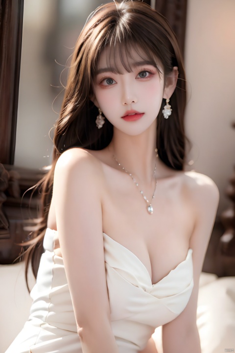 1girl,solo,long hair,breasts,looking at viewer,bangs,blue eyes,brown hair,hair ornament,dress,cleavage,bare shoulders,jewelry,medium breasts,upper body,earrings,parted lips,indoors,necklace,white dress,mole,blurry,lips,head tilt,see-through,eyelashes,makeup,crescent,red lips,full body
