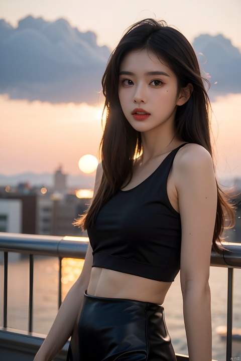 Frontal photography,Look front,evening,dark clouds,the setting sun,On the city rooftop,A 20 year old female,Black top,Black Leggings,black hair,long hair,dark theme,muted tones,pastel colors,high contrast,(natural skin texture, A dim light, high clarity) ((sky background))((Facial highlights)),