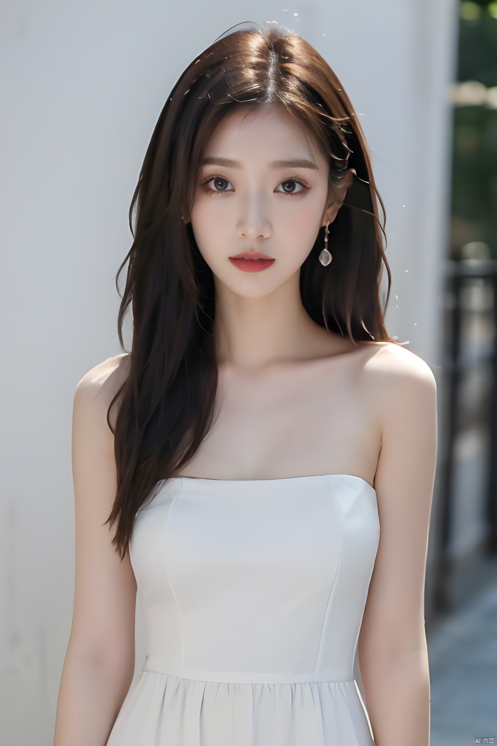  masterpiece, best quality, real, photo, girl, solo, black hair, aqua eyes, long hair, Sleeveless suspender dress, medium breasts,the upper part of the body,Simple and elegant clothes,Simple clothes,Strapless,Sleeveless,Light clothes,