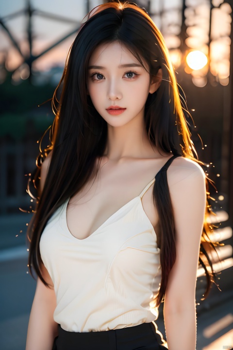  1girl,solo,Best quality,masterpiece,ultra high res,(photorealistic:1.2),Depth of field,golden hour,(rim lighting:1.1),soft shadows,dreamy atmosphere,A clear face,Black hair,long hair,(straight hair:1.2),Amazing beauty,slender,collarbonea,medium breasts,slender_waist,spandex,huge filesize,realistic,reality,depth of field,Thin,fair_skin,looking_at_viewer,face_focus,white camisole,black microskirt,cowboy_shot,