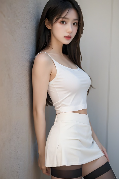  masterpiece, best quality, real, photo, girl, solo, black hair, aqua eyes, long hair, medium breasts,Simple and elegant clothes,Sleeveless,Tights,White camisole,Vest, (black miniskirt:1.2),