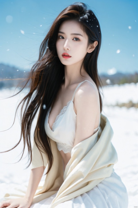  1girl,Full-body photos,black hair,Winter, realism,an extremely delicate and beautiful,real person,photograph,high detailed skin,visible pores,emothional face,dynamic pose, slender frame. bright eyes,finely chiseled features, makeup, red lips. glance with love,Lace skirt,white sheer dress,sleeveless，sleeveless，Without a coat，she reveals a tantalizing silhouette with a defined waistline, ample bosom, visible cleavage, and exposed navel, showcasing her perfect curves in a seductive manner. long, raven hair flows in the wind as she looks directly into the camera,No coat,Fuzzy background. imbuing the scene with soft,hues and an ambiance of serene,HD 16k, snow, winter,sexy Short jeans, light master,pencil_skirt, bare long legs, high heels, light rays, snowfield,snow mountain, Best Quality, Hyper-Realistic, Photo Art, Realistic, Coat, Close-up, Sight,masterpiece, 1 girl