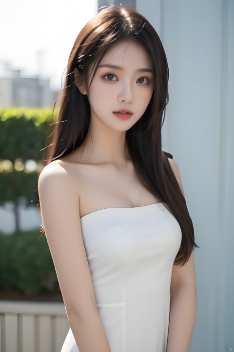  masterpiece, best quality, real, photo, girl, solo, black hair, aqua eyes, long hair, Sleeveless suspender dress, medium breasts,the upper part of the body,Simple and elegant clothes,Simple clothes,Strapless,Sleeveless,Light clothes,