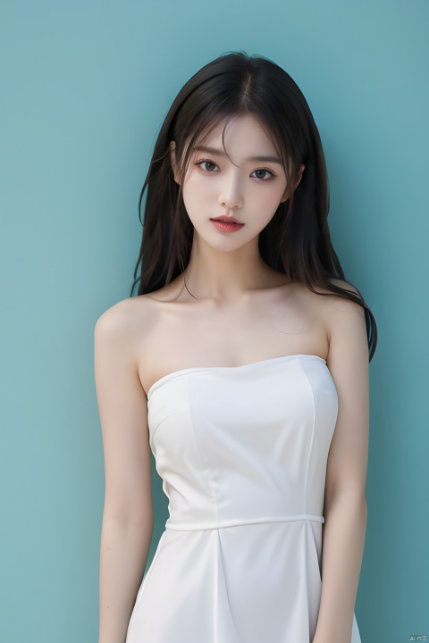  masterpiece, best quality, real, photo, girl, solo, black hair, aqua eyes, long hair, Sleeveless suspender dress, medium breasts,the upper part of the body,Simple and elegant clothes,Simple clothes,Strapless,Sleeveless,Light clothes,