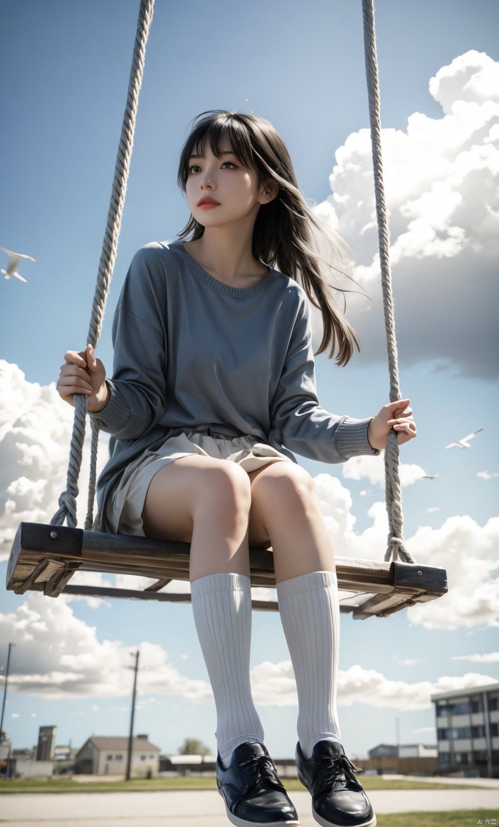 1girl,solo,sitting,sky,clouds,outdoors,black hair,bird,blue sky,white socks,daytime,building,long sleeves,long hair,playing on the swing,bangs,cloudy sky,wide_shot,hand between legs,blurry_background,