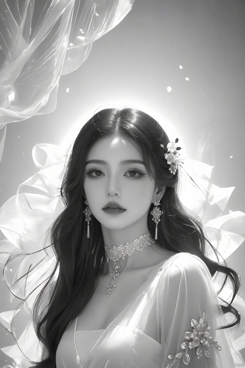  masterpiece, best quality, ice, A girl, silk, cocoon, spider web, Solo, Complex Details, Color Differences, Realistic, (Moderate Breath), Earrings, Sharp Eyes, Perfect Fit, Choker, Dim Lights, cocoon, transparent, jiBeauty, Ink scattering_Chinese style, hydress-hair ornaments,yjmonochrome, liuguang, Simple background, transparent clothes,