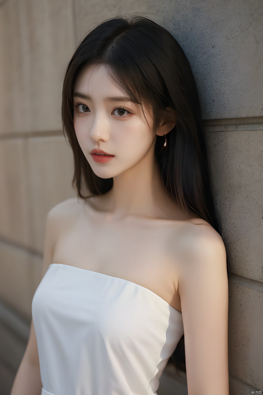  masterpiece, best quality, real, photo, girl, solo, black hair, aqua eyes, long hair, Sleeveless suspender dress, medium breasts,the upper part of the body,Simple and elegant clothes,Simple clothes,Strapless,Sleeveless,Light clothes,