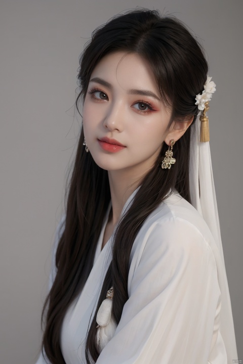  1girl, solo, long hair, （looking at viewer:1.6), smile, simple background, black hair, hair ornament, jewelry, closed mouth,earrings, makeup, chinese clothes, red lips, tassel earrings, hanfu, realistic，Look at the camera,（Full-length portrait:1.5）,White Hanfu, elegant clothes, fairies, charming,