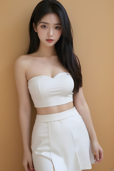  masterpiece, best quality, real, photo, girl, solo, black hair, aqua eyes, long hair, medium breasts,the upper part of the body,Simple and elegant clothes,Simple clothes,Strapless,Sleeveless,Light clothes,Vest, black hip skirt,