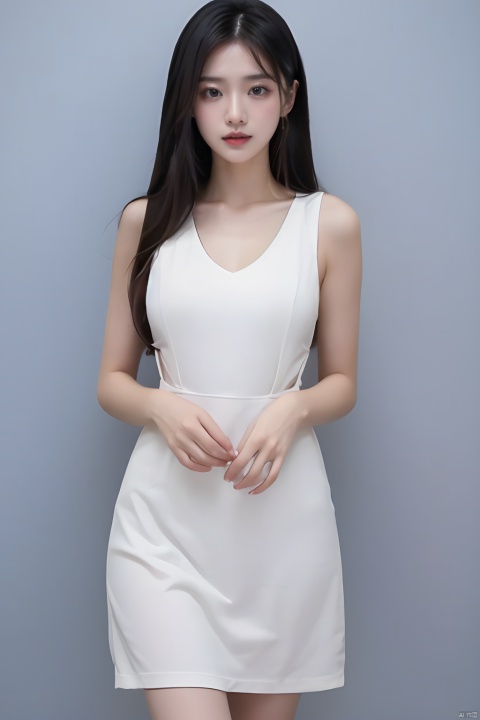 masterpiece, best quality, real, photo, girl, solo, black hair, aqua eyes, long hair, Sleeveless suspender dress, medium breasts,the upper part of the body,Simple and elegant clothes,Simple clothes,