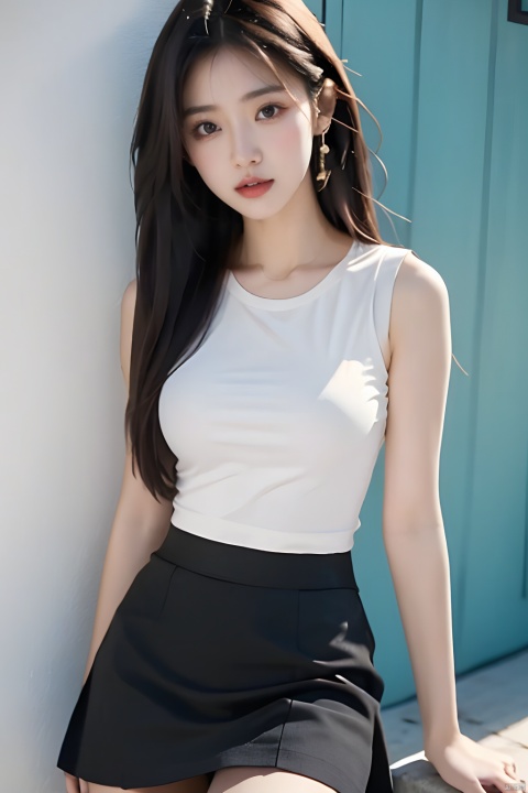  masterpiece, best quality, real, photo, girl, solo, black hair, aqua eyes, long hair, medium breasts,Simple and elegant clothes,Simple clothes,Sleeveless,Tights,White T-shirt,Vest, (black hip skirt:1.1),