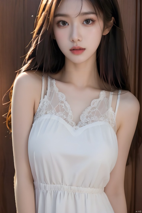  masterpiece, best quality, real, photo, girl, solo, black hair, aqua eyes, long hair, Sleeveless suspender dress, medium breasts,the upper part of the body,Simple and elegant clothes,Simple clothes,