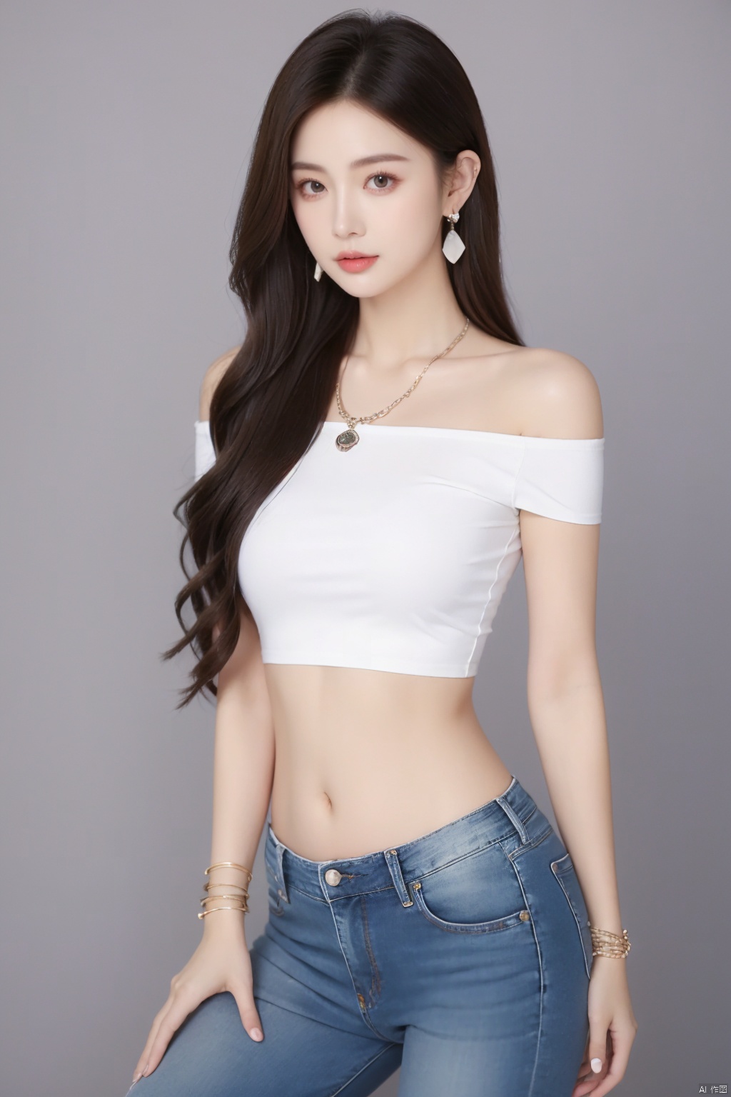  sdmai,lanmeng,1girl,solo,jewelry,realistic,long hair,necklace,Black slim fit jeans,bracelet,black hair,white shirt,off-shoulder shirt,shirt,ring,midriff,earrings,looking at viewer,parted lips,off shoulder,bare shoulders,navel,standing,（full-size photograph：1.6）,sleeveless,