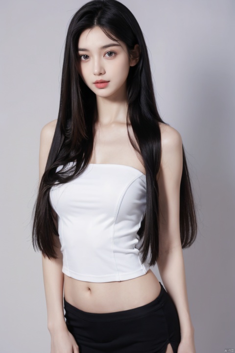  (masterpiece, best quality, high quality, highres, ultra-detailed), realistic,1 girl,((black hair)),(Straight hair:1.6),(Long hair:1.6), pale skin,big eyes，(medium breasts),looking at viewer，naked，hands cover breast，Sleeveless strapless tight-fitting vest,Expose navel,Mini tight skirt,