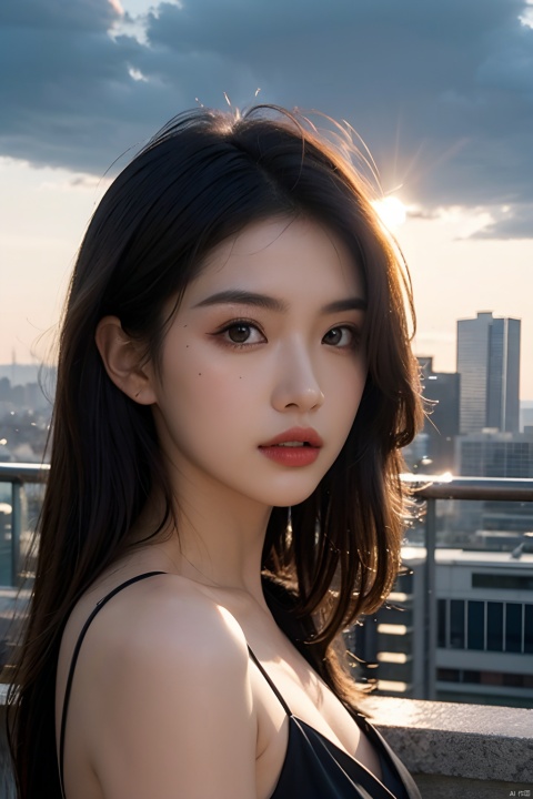  skdress,NSFW,Frontal photography,Look front,evening,dark clouds,the setting sun,On the city rooftop,A 20 year old female,black hair,long hair,dark theme,muted tones,pastel colors,high contrast,(natural skin texture, A dim light, high clarity) ((sky background))((Facial highlights)),
masterpiece,best quality,
,
