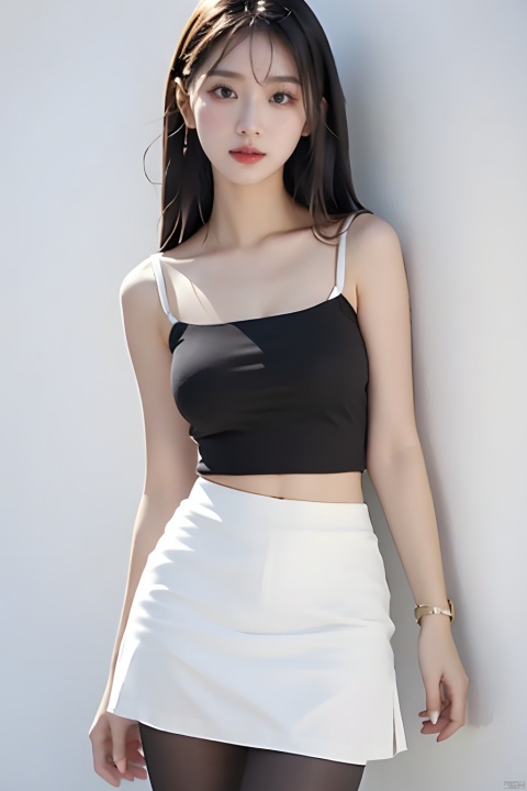  masterpiece, best quality, real, photo, girl, solo, black hair, aqua eyes, long hair, medium breasts,Simple and elegant clothes,Simple clothes,Sleeveless,Tights,White camisole,Vest, (black miniskirt:1.2),