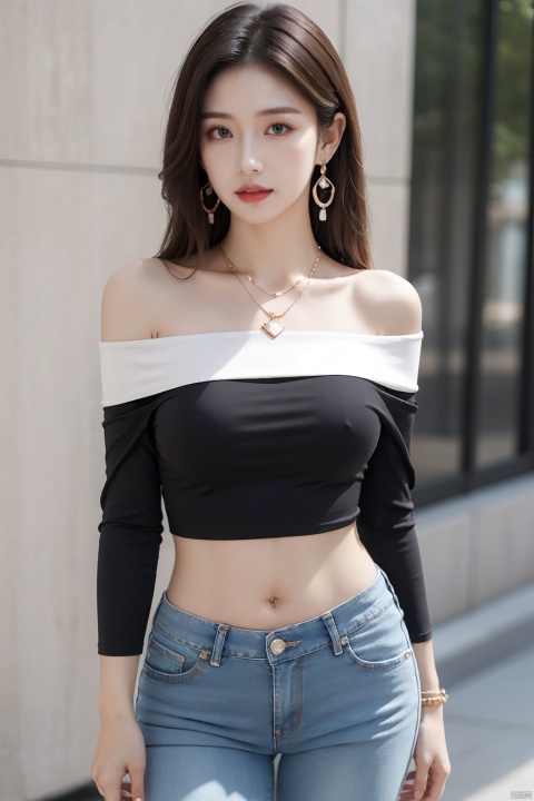  sdmai,lanmeng,1girl,solo,jewelry,realistic,long hair,necklace,Tight fitting jeans,bracelet,black hair,white shirt,off-shoulder shirt,shirt,ring,midriff,earrings,looking at viewer,parted lips,off shoulder,bare shoulders,navel,standing,