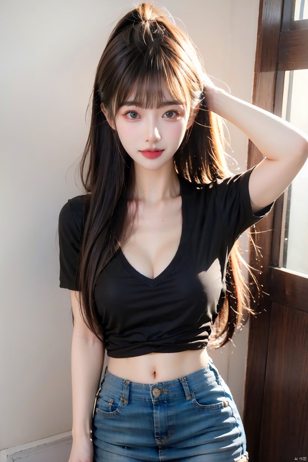 1girl, solo, long hair, breasts, looking at viewer, blush, smile, bangs, blue eyes, shirt, cleavage, jewelry, medium breasts, closed mouth, standing, collarbone, ponytail, black hair, short sleeves, thighs, cowboy shot, indoors, arms up, cup, grey eyes, navel, miniskirt, arms behind head, side slit, contrapposto, drinking straw, 1 girl