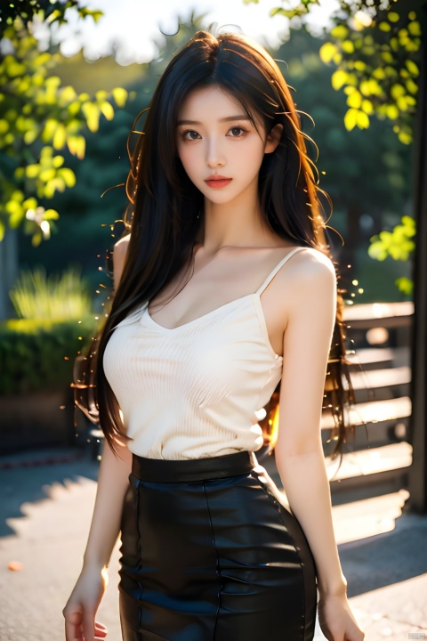  1girl,solo,Best quality,masterpiece,ultra high res,(photorealistic:1.2),Depth of field,golden hour,(rim lighting:1.1),soft shadows,dreamy atmosphere,A clear face,Black hair,long hair,(straight hair:1.2),Amazing beauty,slender,collarbonea,medium breasts,slender_waist,spandex,huge filesize,realistic,reality,depth of field,Thin,fair_skin,looking_at_viewer,face_focus,white camisole,black pencil skirt,cowboy_shot,