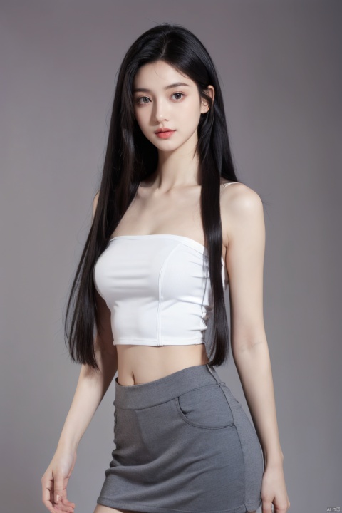  (masterpiece, best quality, high quality, highres, ultra-detailed), realistic,1 girl,((black hair)),(Straight hair:1.6),(Long hair:1.6), pale skin,big eyes，(medium breasts),looking at viewer，naked，hands cover breast，Sleeveless strapless tight-fitting vest,Expose navel,Mini tight skirt,semitransparent