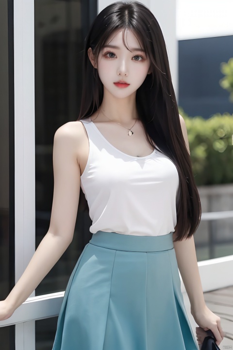 masterpiece,best quality,real,photo,girl,solo,black hair,aqua eyes,the upper part of the body,medium breasts,straight_hair,(long hair:1.1),(skirt:1.1), 1 girl