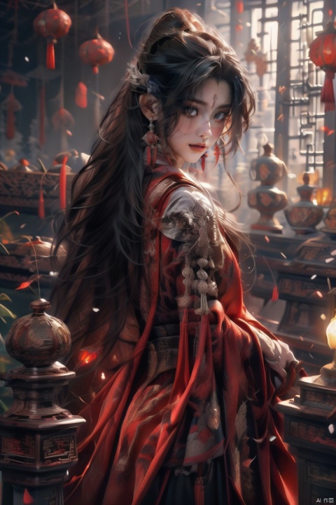 中国龙 火焰 拿着长剑 骑着身披铠甲的马 红色长袍 女战士 远景镜头 大师作品 难以置信的细节 