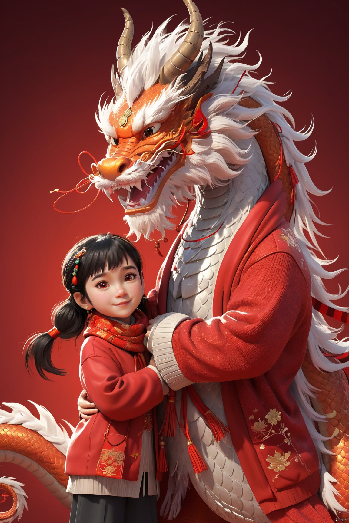  A cute and humanized red Chinese dragon and a Chinese little girl, in Pixar style, both wearing human red sweaters and tying a red woolen scarf around their necks, performing the same congratulatory gesture. The red background is very festive, with Chinese elements, welcoming the new year. 32k

