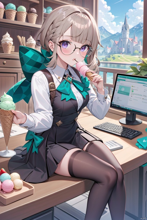  Lynette,(genshin impact),(masterpiece),(bestquality),nai3,loli,1girl, solo,stand,foot, full body,full-body lens,sitting on the desk, computer, business clothes, black stockings, glasses, high heels,Nice eyes, nice face,Ice cream in both hands, mouth eating ice cream, biting ice cream, next to a lot of ice cream