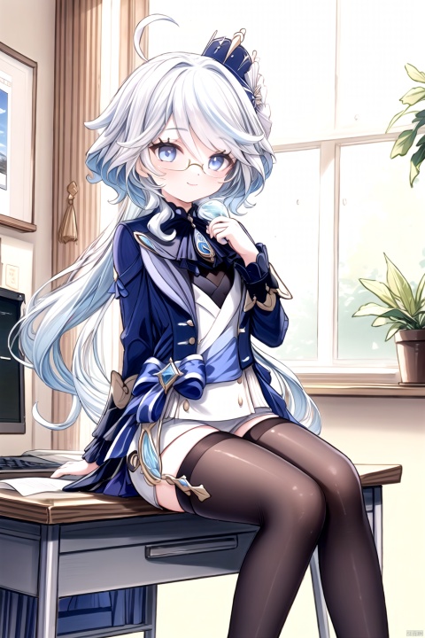  (masterpiece),(bestquality),nai3,1girl, solo, Big chest,Focalors,(genshin impact), Long legs,(rating:safe),holding papers in my arms, smiling, sitting on the desk, computer, business clothes, black stockings, glasses, high heels.Big chest,nice face,blue hair