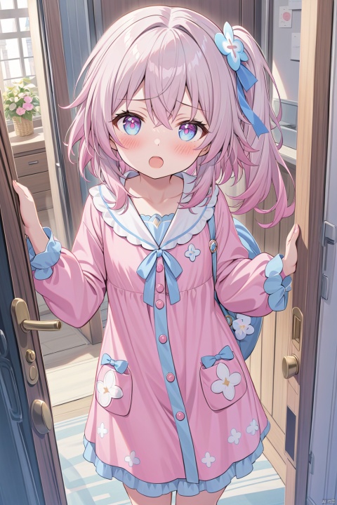  1girl, solo, looking at viewer, blush, open mouth, bangs, long sleeves, indoors, side ponytail, symbol-shaped pupils, pajamas, female child, sleepy, nightgown, sleepwear, pink pajamas,Standing at the door, holding the door with your hand, squinting your eyes,March 7th\(Honkai: Star Rail\),March 7th, march7th