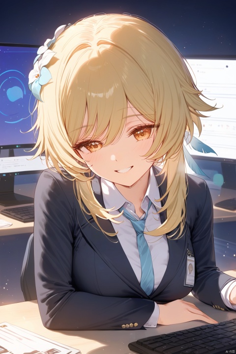 lumine,(genshin impact),(masterpiece),(bestquality),nai3,1girl, solo,smiling, computer, business clothes, office