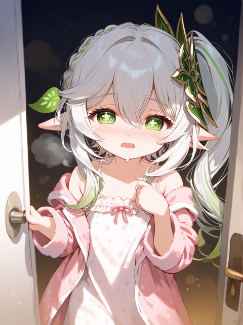 1girl, solo, long hair, looking at viewer, blush, open mouth, bangs, long sleeves, hair between eyes, green eyes, white hair, grey hair, multicolored hair, green hair, pointy ears, indoors, off shoulder, side ponytail, symbol-shaped pupils, gradient hair, drooling, pajamas, female child, sleepy, nightgown, sleepwear, pink pajamas,Standing at the door, holding the door with your hand, squinting your eyes, nahida \(genshin impact\)