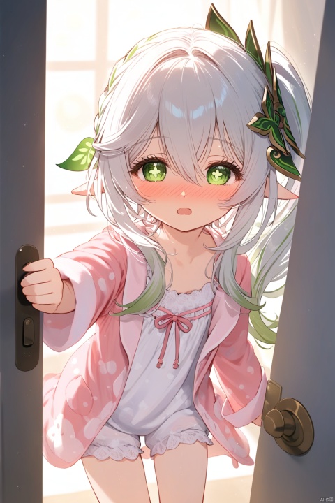  1girl, solo, looking at viewer, blush, open mouth, bangs, long sleeves, hair between eyes, indoors, side ponytail, symbol-shaped pupils, pajamas, female child, sleepy, nightgown, sleepwear, pink pajamas,Standing at the door, holding the door with your hand, squinting your eyes,nahida\(genshin impact\)