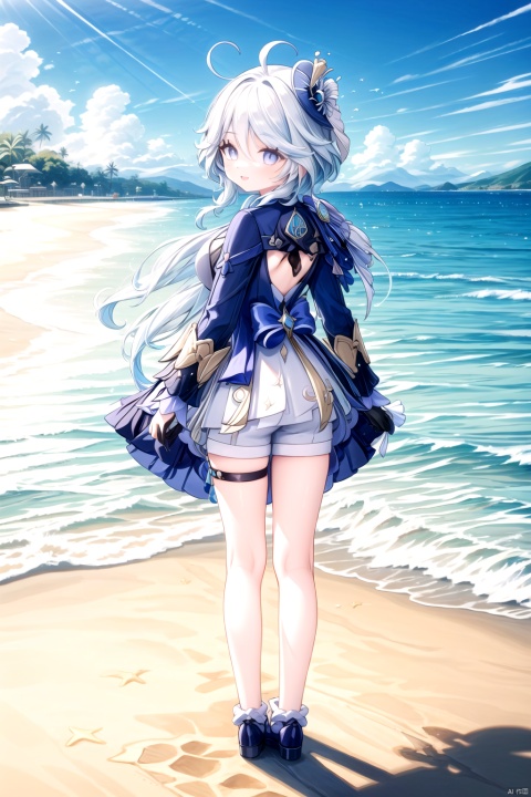 (masterpiece),(bestquality),nai3,1girl, solo, Focalors,(genshin impact),Open your mouth and smile, long legs, mature, beach background, sunny, sunny shadow,stand by the sea and look back with a smile,rating:safe