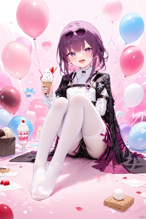  (masterpiece),(bestquality),nai3,(loli),1girl, solo, Kafka,(Star Rail),Purple eyes, purple hair,open her mouth,smile,a happy laugh,white silk stockings,full-body lens,Sit on the ground, raise her feet,Keep her feet together,long hair,Transparent white socks,nice socks, nice toes,Little feet,Pink theme background, ice cream, balloons, kafuka