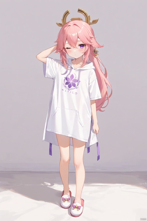  (masterpiece),(bestquality),nai3,(loli),1girl, solo, yae miko(genshin impact), 1petite loli, solo.pink hair, long pink hair, (purple eyes), hair flower, fipped hair, high ponytail, loose over_sized Casual T-shirt, white shirt, hoodie coat, bare legs, slippers;relaxed, one-eye_closed, adjusting hair, looking at viewer, standing.