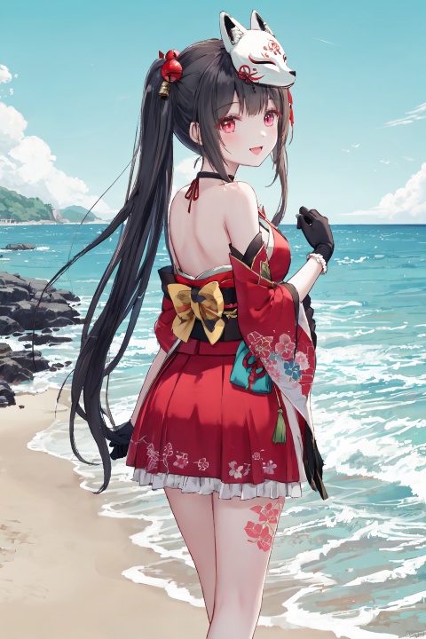  (masterpiece),(bestquality),nai3,1girl,huahuo,twintails,bare shoulders,fox mask,mask on head,red dress,detached sleeves,black gloves,jingle bell,choker,obi,kimono,tattoo,
Open your mouth and smile, long legs, mature, beach background, sunny, sunny shadow,stand by the sea and look back with a smile, Big chest