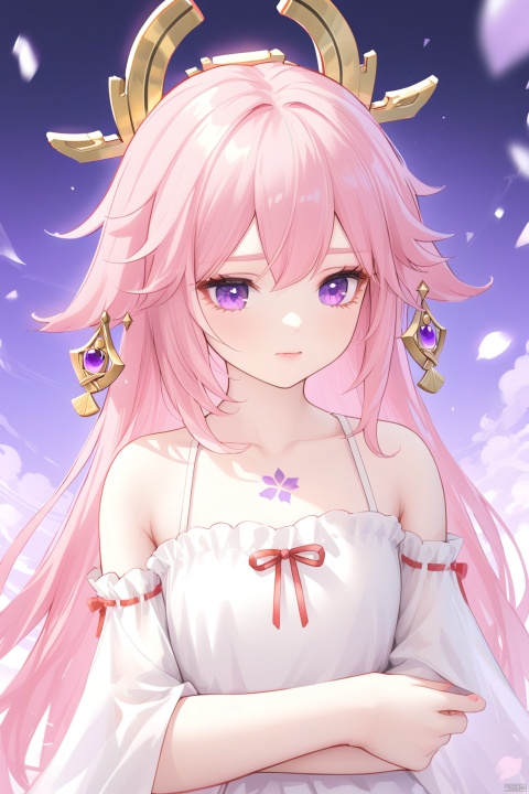  (masterpiece), (best quality), illustration, ultra detailed, hdr, Depth of field, (colorful),loli,1girl, solo, long_hair, crossed_arms, collarbone, bare_shoulders, closed_mouth, purple_eyes, upper_body, bangs, pink_hair, jewelry,earrings, dress, forehead_mark, parted_bangs,yae miko,genshin impact