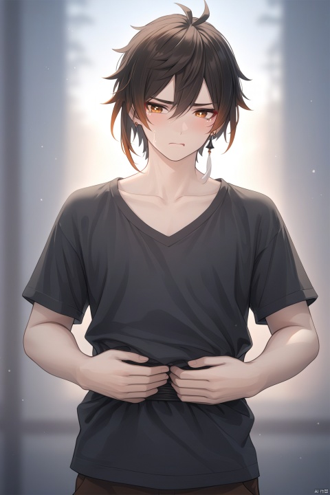  (masterpiece), (best quality),Zhongli,genshin impact, illustration, ultra detailed, hdr, Depth of field, (colorful),shota,1boy, solo, Hands on the waist, collarbone, upper_body,earrings, Angry, pouting,Crying, tears,mouth_open