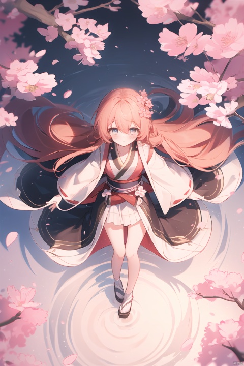  Girl standing on water. Branches. Cherry blossoms. Dynamic shot. View from above. Long hair. Cherry blossom-colored Hanfu skirt. Slit. Calf. Mid-chest. Hair between eyes. Coiled hair. Half-open eyes. Blushing. Ripples. Dynamic angles. High details. Beautiful eyes. Solo, solo