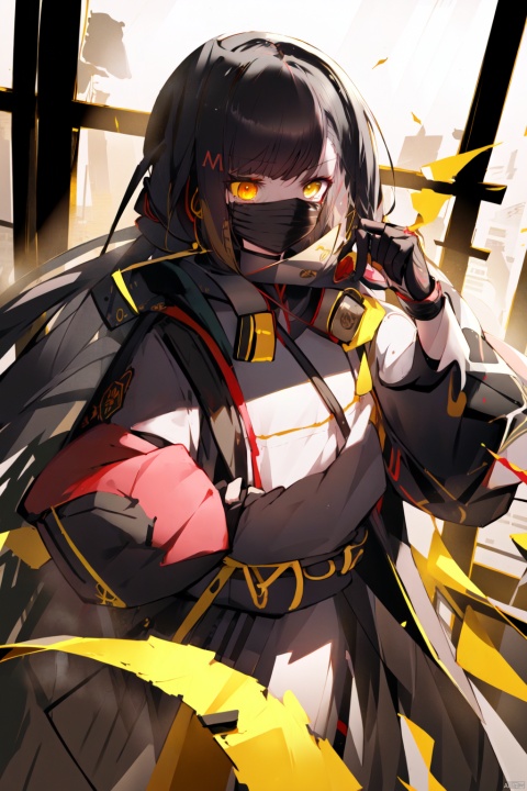 ,(best quality),(masterpiece),1girl,black hair,long hair,bunches,yellow eyes,windbreaker,chinese_style,headphones_around_neck,mouth_mask,gloves,half_gloves,cross_hair_ornament,contempt,shaded_face,holding_knife,stare,