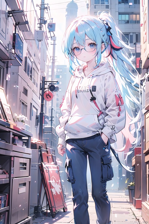 ,,(best quality),(masterpiece),1girl,white hair,streaked hair,red hair,blue hair,high ponytail,black eyes,rimless_eyewear,hoodie,cargo_pants,light_blush,