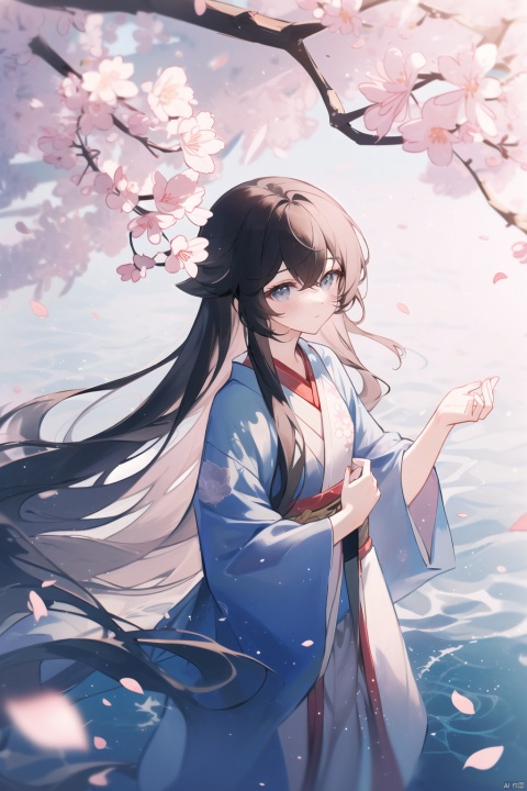  Masterpiece, best quality, close-up, girl standing, blurry background, depth of field, dynamic angle, viewed from above, cowboy lens., Beautiful detail eyes, single person, side view. Optical branch office. Growing branches. Half open your eyes. The hair between the eyes. Hanfu. Medium chest. Extra long hair. Hair scattered on the water surface. Blush. Looking at the audience. Cherry blossoms. Floating petals. Hanging loose hair