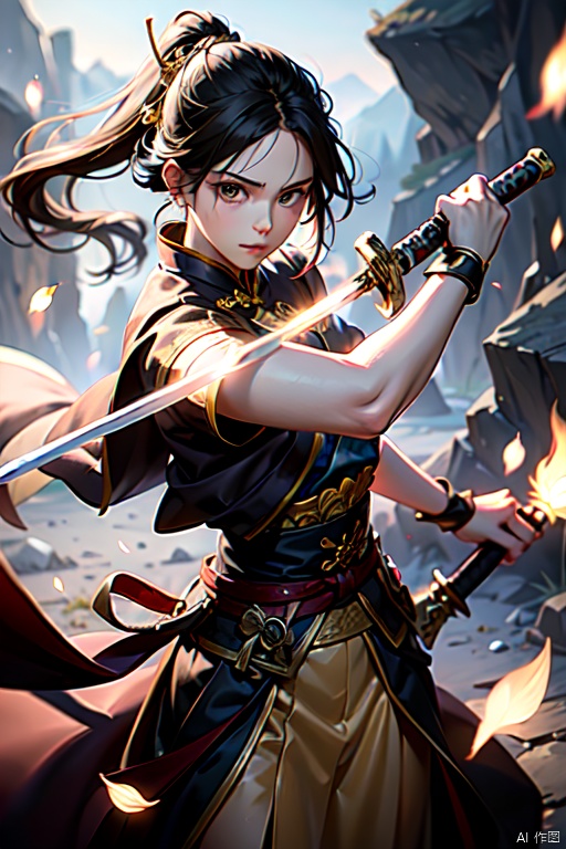  1girl,black hair,energy sword,glint,glowing sword,Unsheathed sword,solo,yellow Hanfu,Grasp the hilt with your hand,Brave and spirited,sword-dance,holding sword,looking at viewer,petals,solo,standing, ((poakl)), (\fan hua\)
