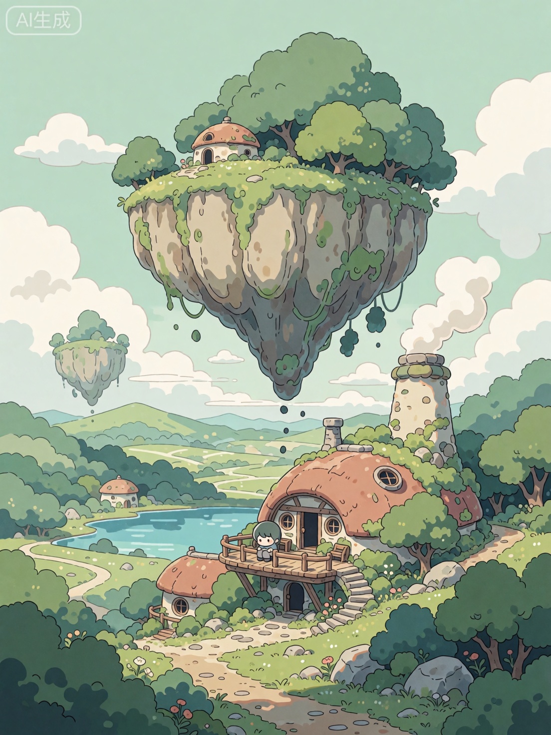A peaceful fantasy landscape features a small,  quaint house built into a hillside and a massive,  floating landmass hover...