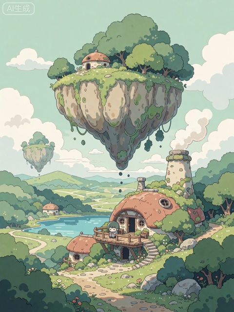 A peaceful fantasy landscape features a small, quaint house built into a hillside and a massive, floating landmass hovering in the sky above. A tiny semi_chibi figure sits quietly on the wooden balcony of the lower house, surrounded by lush greenery. The lower structure has a curved, reddish-brown roof, a wooden deck, and a stone tower emitting a plume of white smoke into the air. The floating island is covered in dense, rounded green trees and a small, dome-roofed structure, suspended by a tapered, earthy base. The composition is a vertical, wide-angle establishing shot. The foreground is a winding dirt path flanked by thick forests and shrubs. The midground contains the lower settlement near a blue lake, while the background features rolling green hills, a second floating island, and a pale pastel green sky with large, stylized clouds. The lighting is soft, even, and pastel, utilizing a muted palette of sage greens, pale teals, beige, and soft browns. The visual guidance draws the eye from the smoking tower upward toward the immense floating landmass, evoking a whimsical, tranquil, and Ghibli-esque atmosphere.,semi-chibi