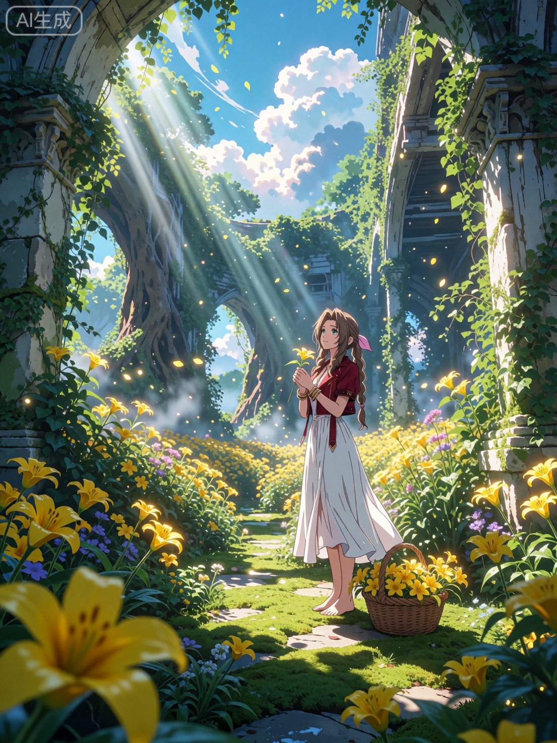 . Cinematic 16:9 extreme wide-angle long shot of Aerith Gainsborough in a breathtaking,  vast sunlit botanical garden. Ful...